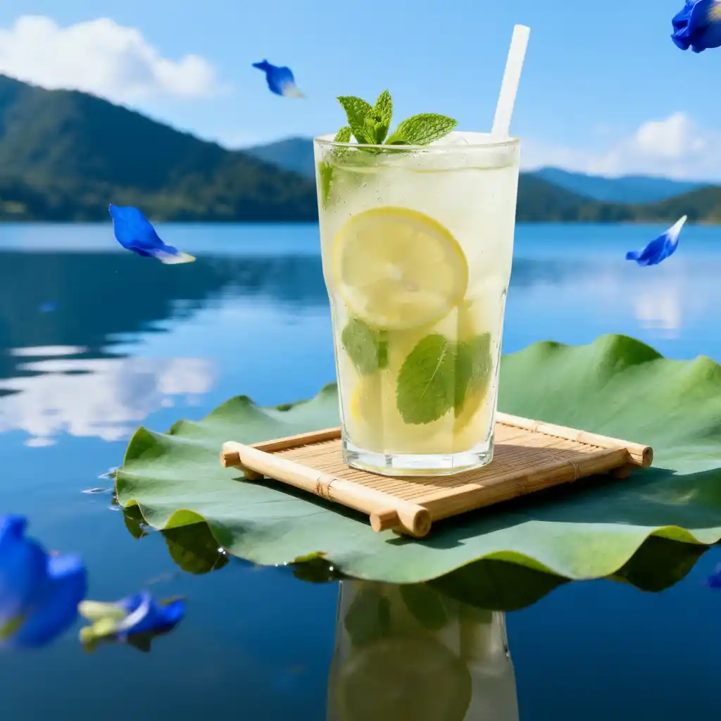 Beverage Beautified Display-A refreshing lemon-mint logo set on a lotus leaf backdrop with a serene lake and distant mountains.
