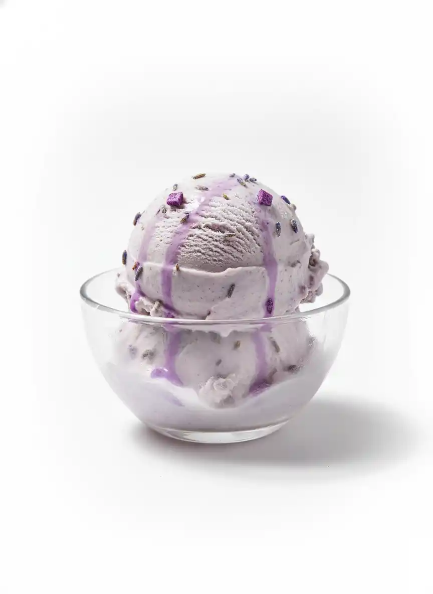 A serene, nature-inspired logo capturing lavender fields, creamy ice cream, and berry accents for a premium dessert brand.