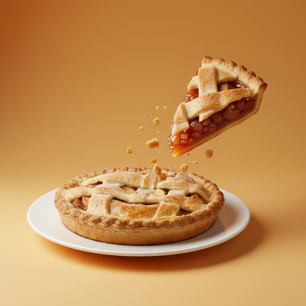 デザート表示-格子パイロゴ:琥珀色のグラデーションを背景に、持ち上げられた一切れと散らばったくずが特徴の、温かく魅力的なベーカリーマーク。