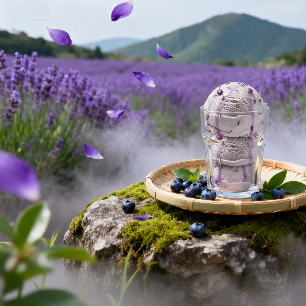 Beverage Beautified Display-A serene, nature-inspired logo capturing lavender fields, creamy ice cream, and berry accents for a premium dessert brand.