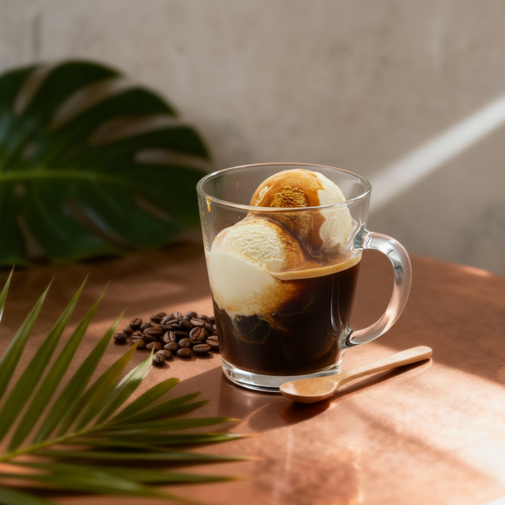Beverage Beautified Display-Elegant coffee branding emblem with glass mug, espresso, vanilla ice cream, caramel swirls, and tropical leaf accents.