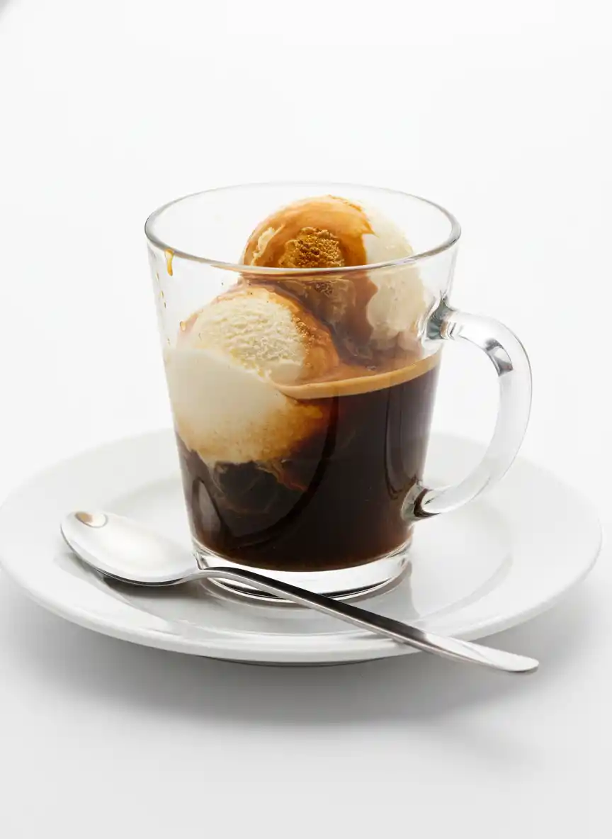 Elegant coffee branding emblem with glass mug, espresso, vanilla ice cream, caramel swirls, and tropical leaf accents.