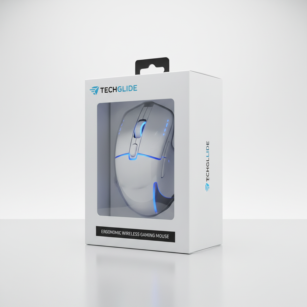 Amazon用商品画像セット-プレミアムゲーミングブランド向けに、シアンの翼のエンブレムが大胆なツートーンタイポグラフィの横に配置された、洗練されたTechGlideロゴ。