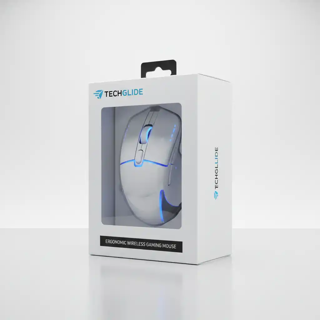 Logotipo Sleek TechGlide con un emblema de ala cian junto a una tipografía audaz de dos tonos para una marca de juegos premium.