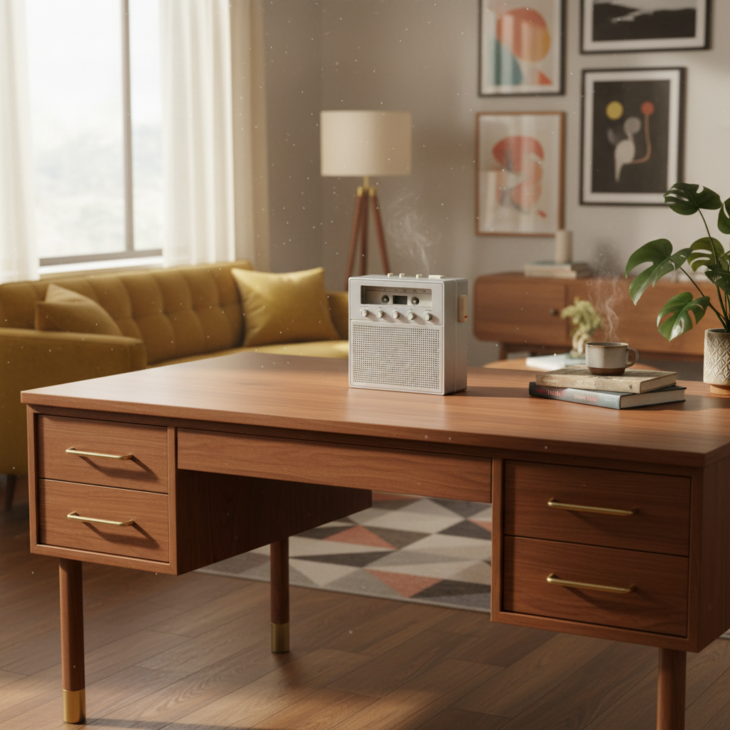 Amazon用商品画像セット-現代的なブランドアイデンティティとノスタルジーに、温かみと職人技を捉えた、清潔でヴィンテージ風のラジオエンブレム。