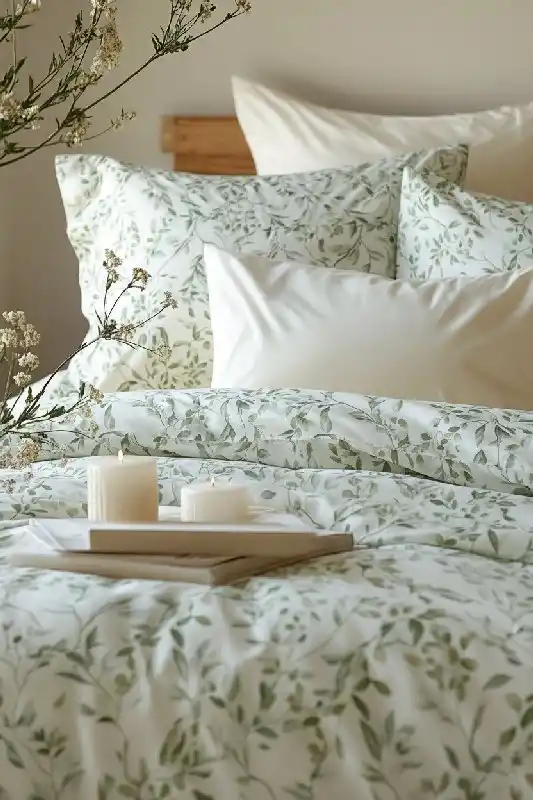 면 침구, 인스타풍 손으로 그린 식물 패턴 제품 렌더링, 홈 라이프 SNS 계정용 사진