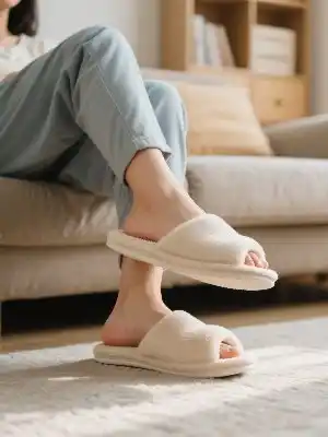 Women's rose pink thick soled plush slippers, home slipper product renderings