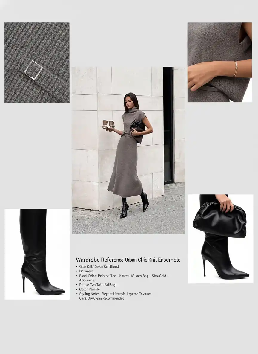 AI生成 都会的シックニットコーデのディテールショット｜SNS向けスタイリング紹介