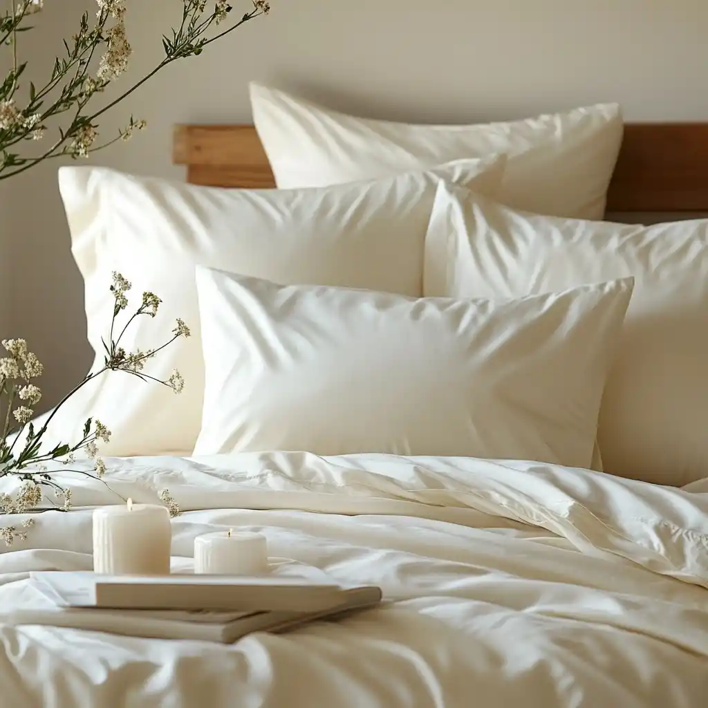 コットン寝具、インスタ風手描き植物柄プロダクトレンダリング – 家庭生活SNS向け写真