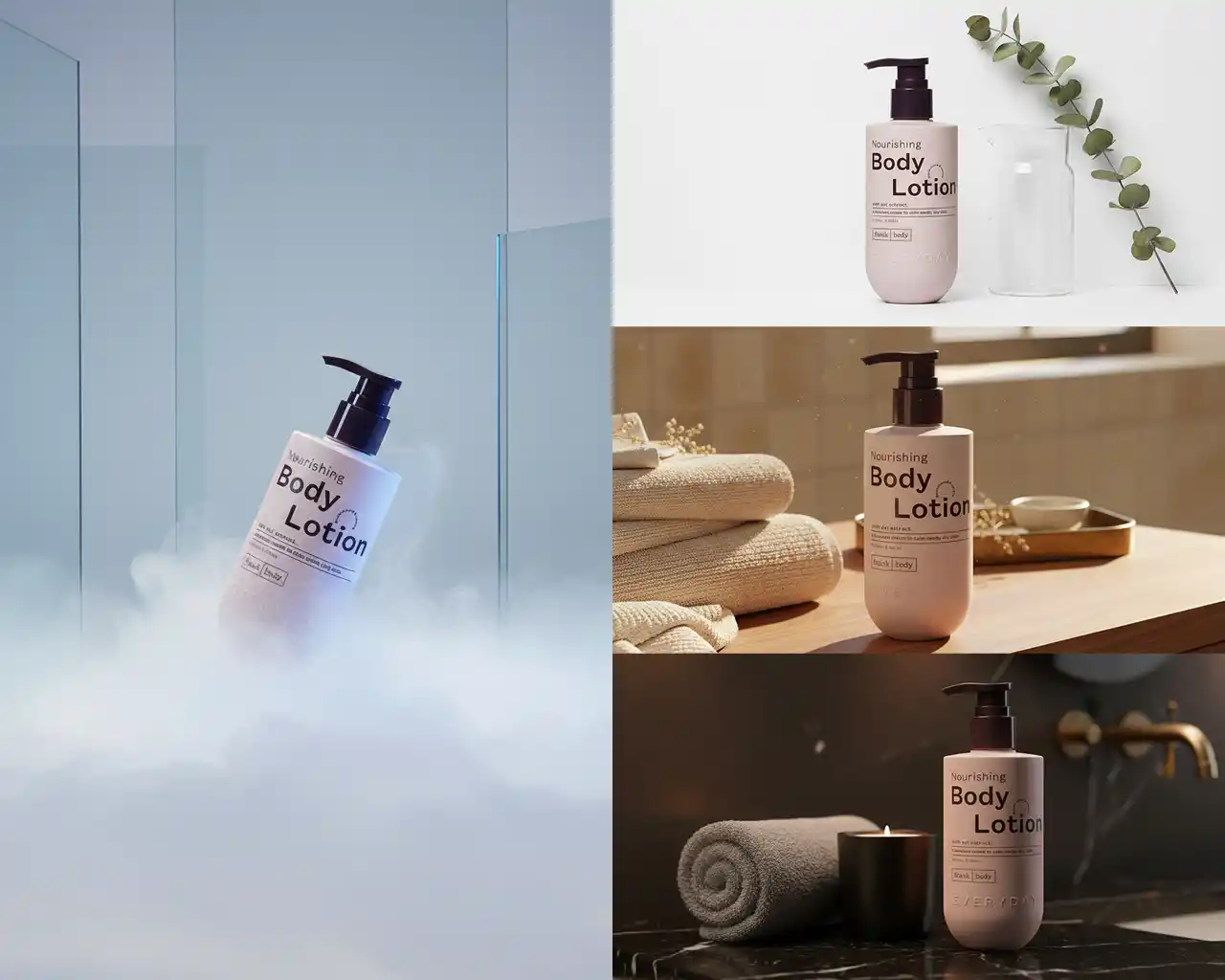 Loción Corporal Nutritiva: Una Exhibición Sofisticada de Cuatro Escenas de Envase Rosa Suave, Texturas Cálidas y Estética Natural Refrescante