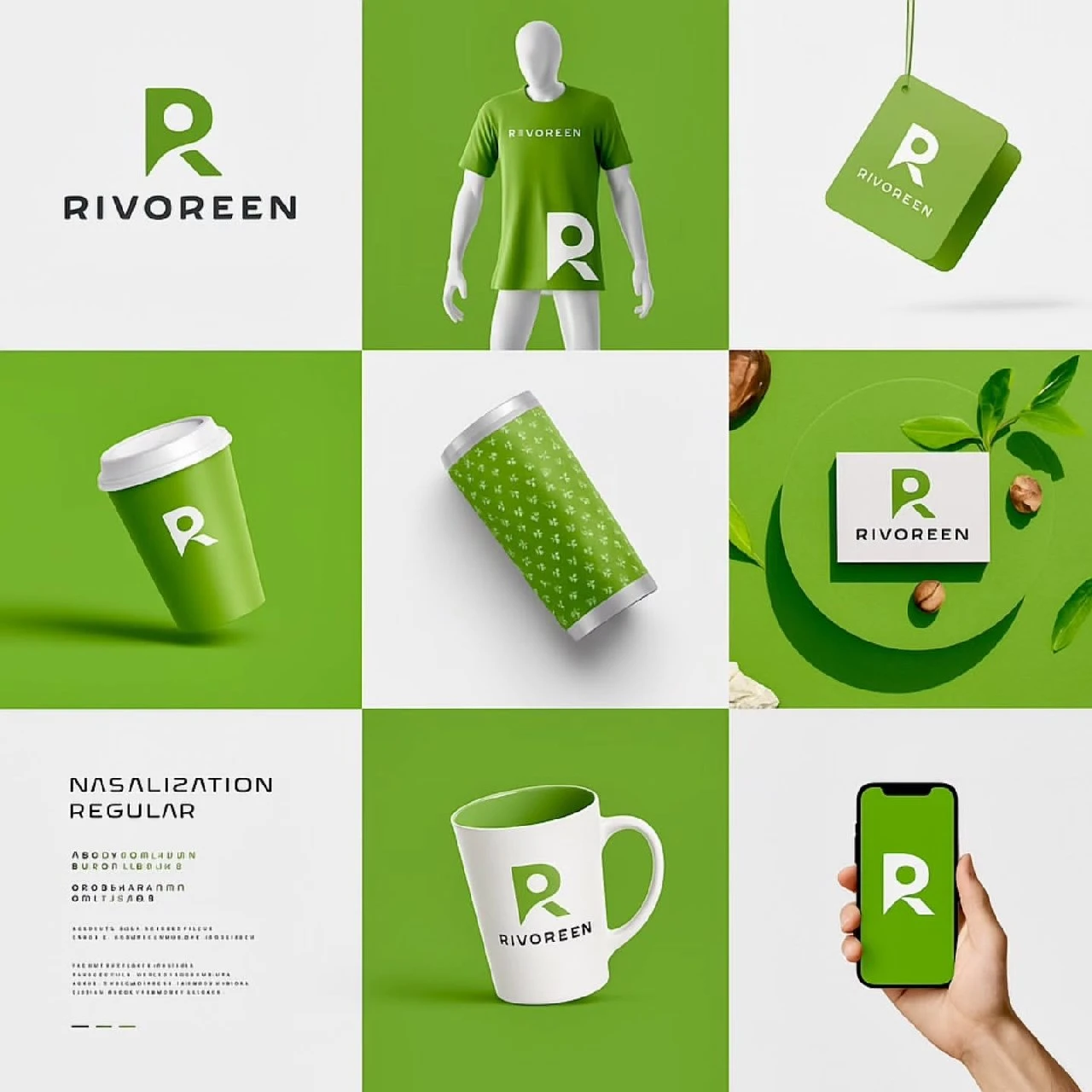 Unique Brand Kit(nano banana pro)-Rivoreen Logo Mockups - Diverse Brand Kits (Apparel, Cups, Tech)