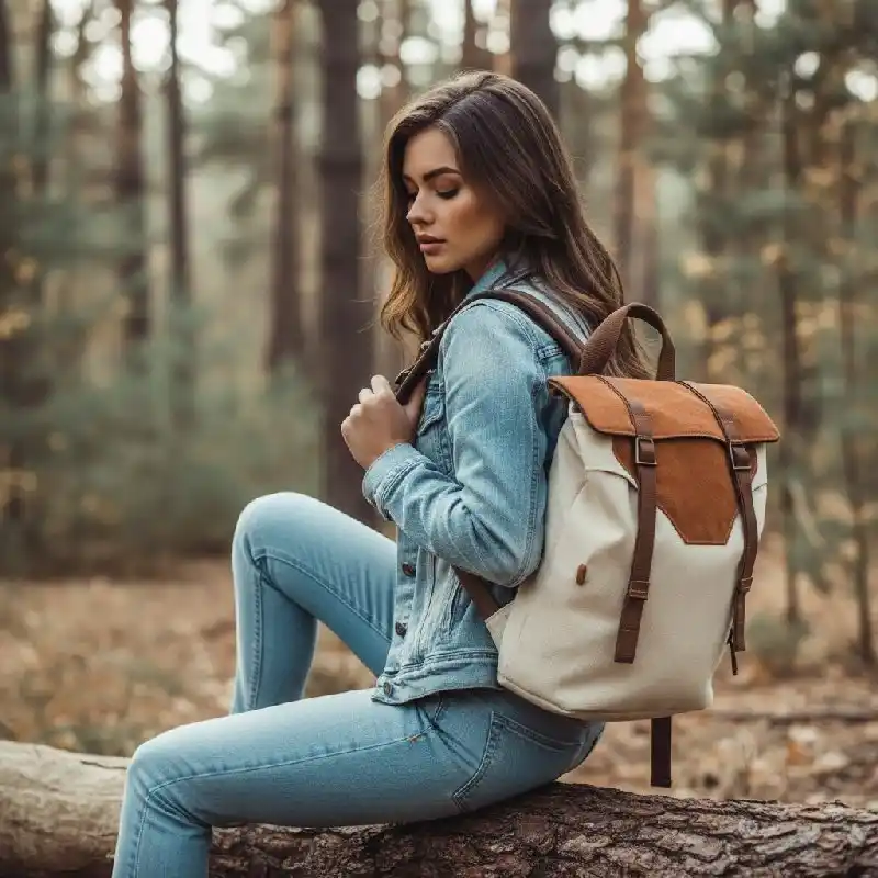 Virtual Model Try-On-A young woman carrying a hiking backpack, a lightweight outdoor sports backpack product rendering