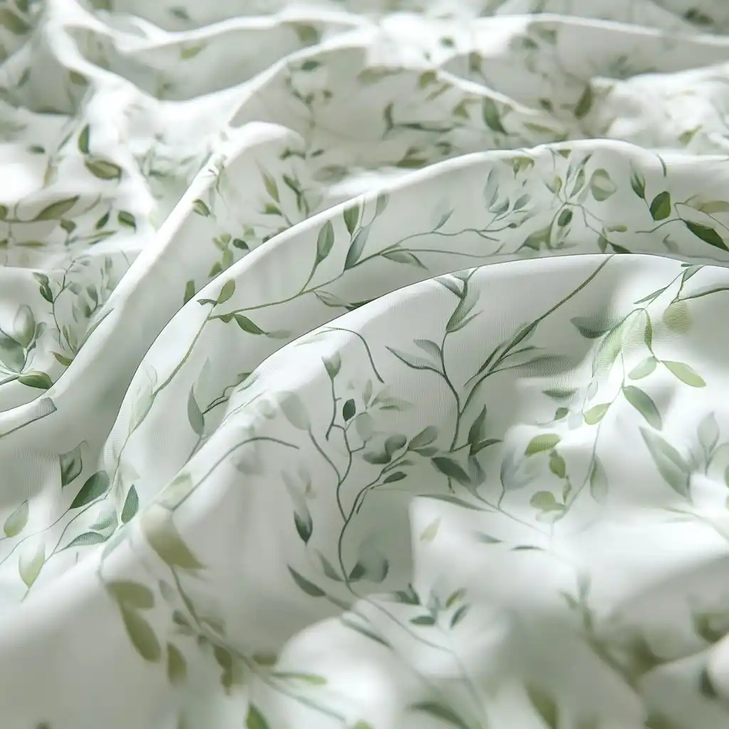 コットン寝具、インスタ風手描き植物柄プロダクトレンダリング – 家庭生活SNS向け写真