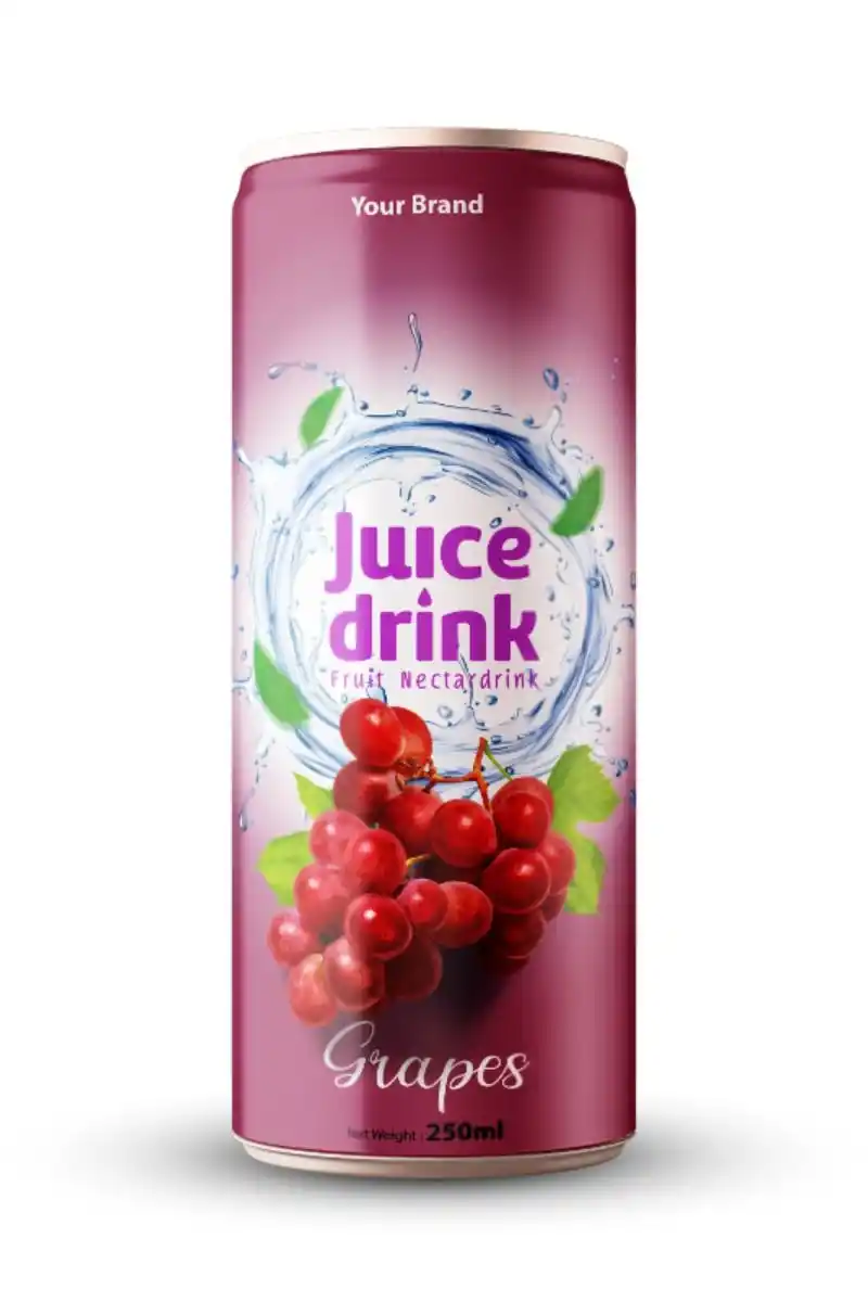 Can grape juice beverage is used for beverage product advertising in front of a deep purple juice background
