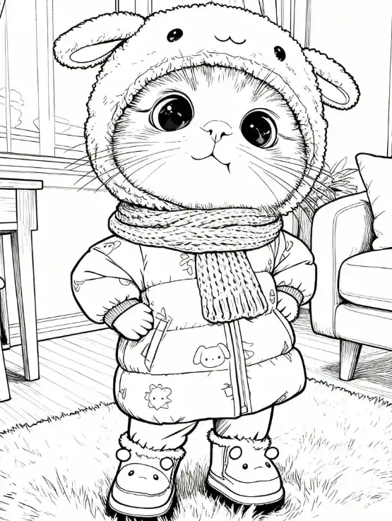 Line art-Cute Cat Line Art with Pink Hat Illustrations