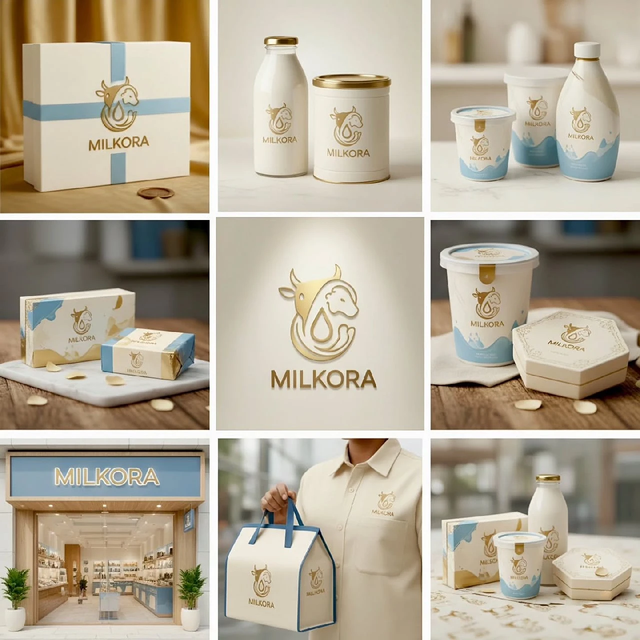 Unique Brand Kit(nano banana pro)-Milkora Dairy Brand Mockups - Bottles, Gift Boxes, Uniforms