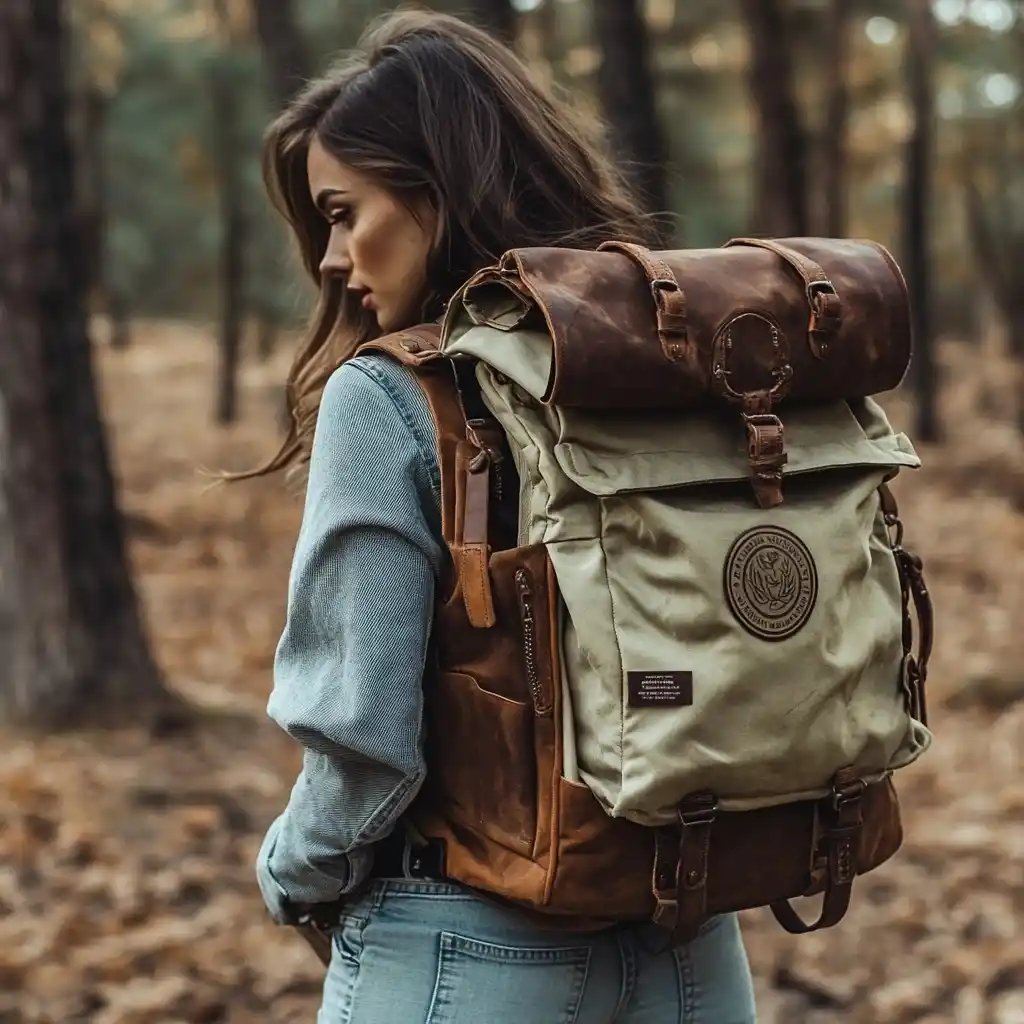 하이킹 배낭을 메고 있는 젊은 여성, 경량 아웃도어 스포츠 배낭 제품 렌더링