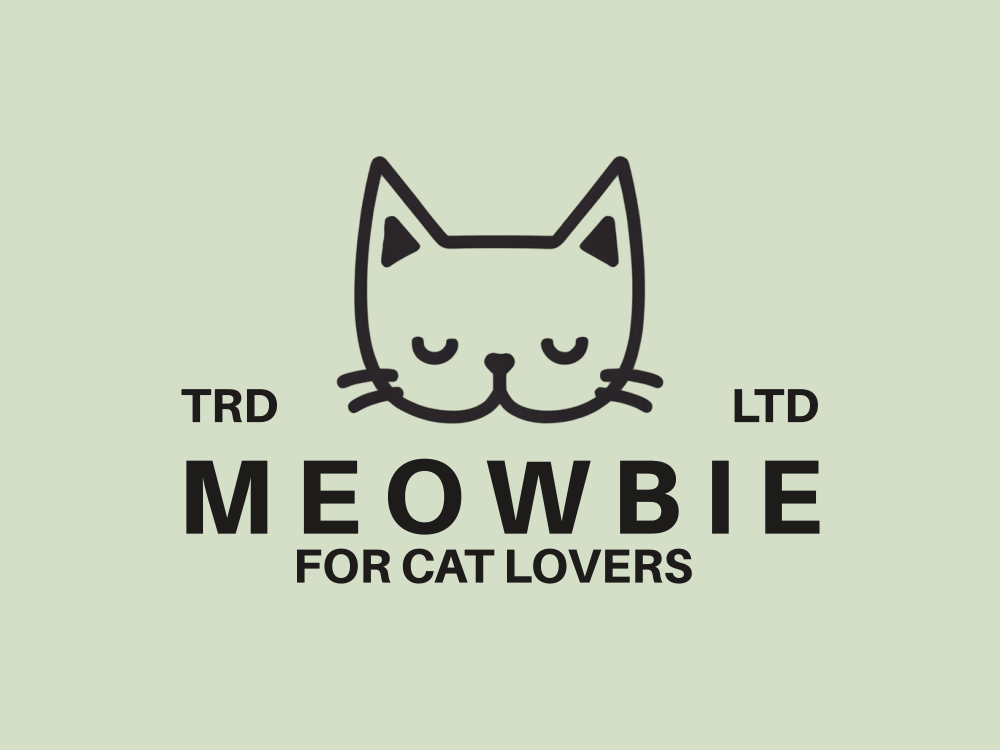 Minimalist, symmetrical cat face line art with closed eyes, small nose, whiskers; near-black purple lines on a dark background; simple, modern, kawaii branding style.