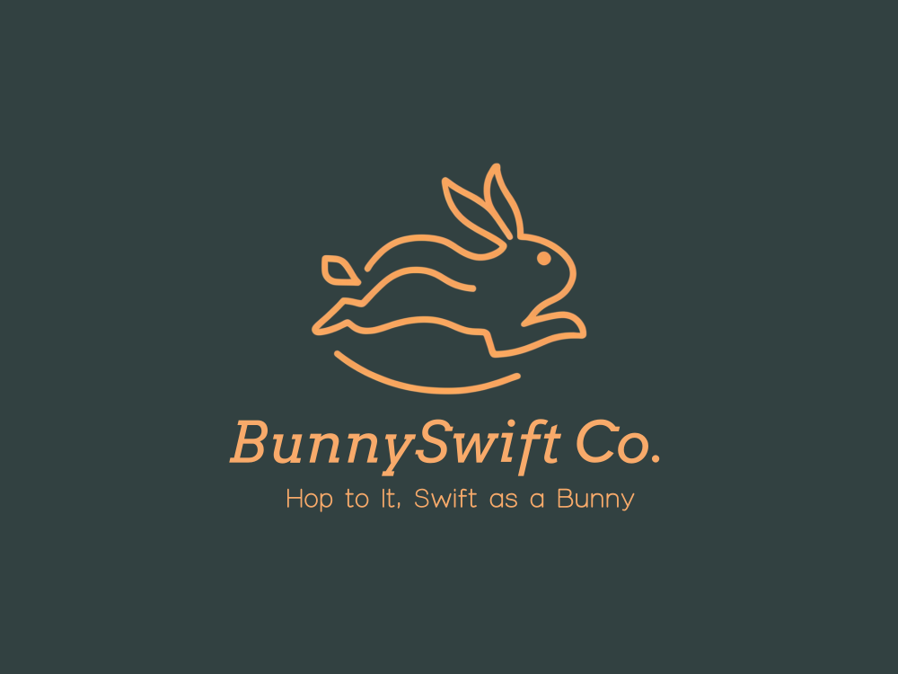 Minimal continuous-line rabbit in mid-leap, warm orange color, stitched-edge outline, flat vector style, friendly modern branding.
