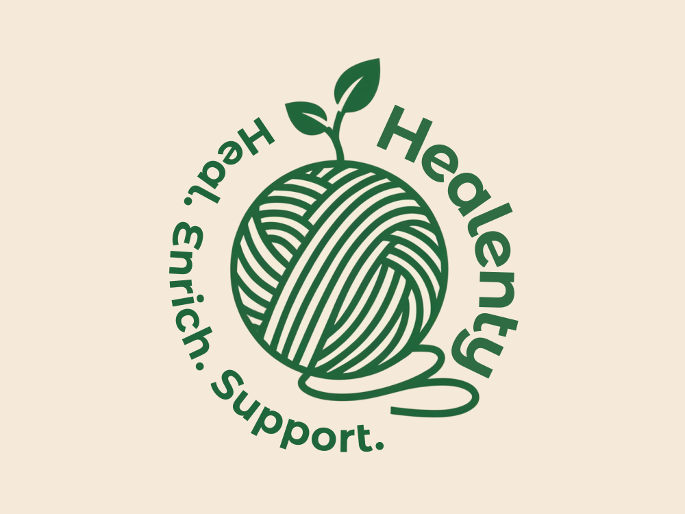 Green circular logo with white yarn-like curved stripes forming a ball, sprout on top, eco-modern vector style, deep and light greens, soft glow background.