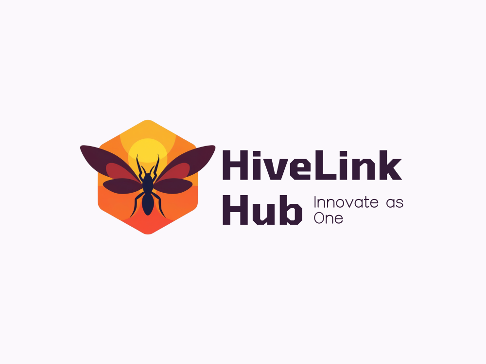 Stylized wasp or bee silhouette in a deep navy against a warm orange gradient, centered in a subtle hexagonal frame with a yellow sun behind; flat, bold, scalable logo.