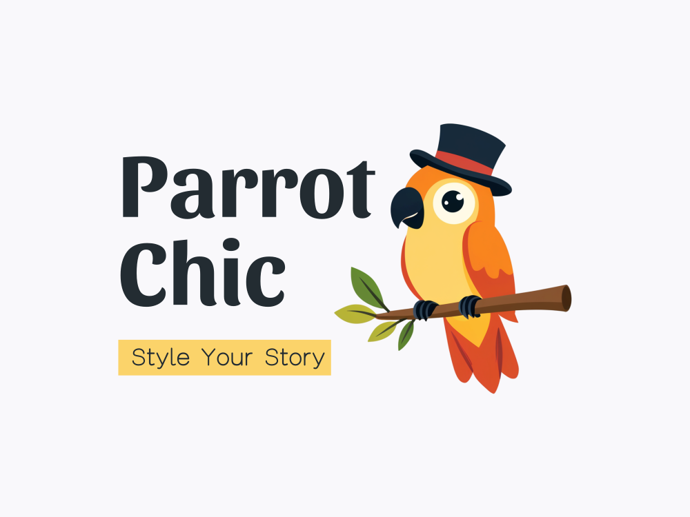 Cartoon parrot logo with top hat perched on branch, bold orange-yellow body, navy hat with red band, blue claws, soft gradient background.