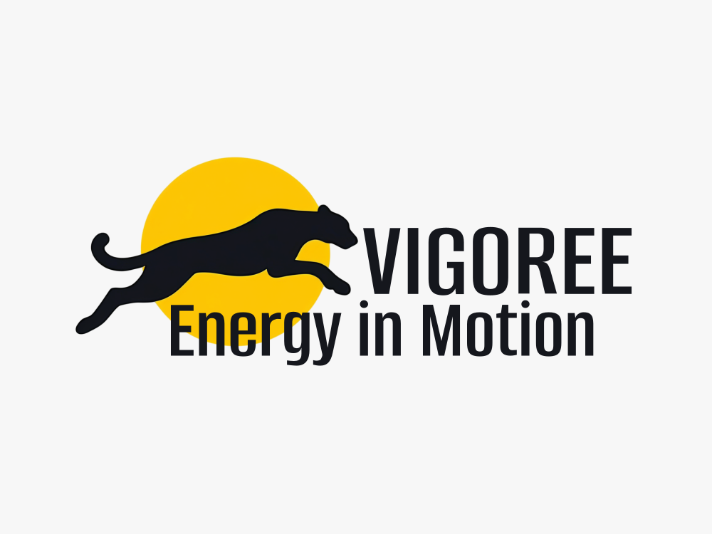 Bold leaping panther silhouette across a radiant yellow sun; modern flat vector logo with glow, strong contrast, and dynamic motion.