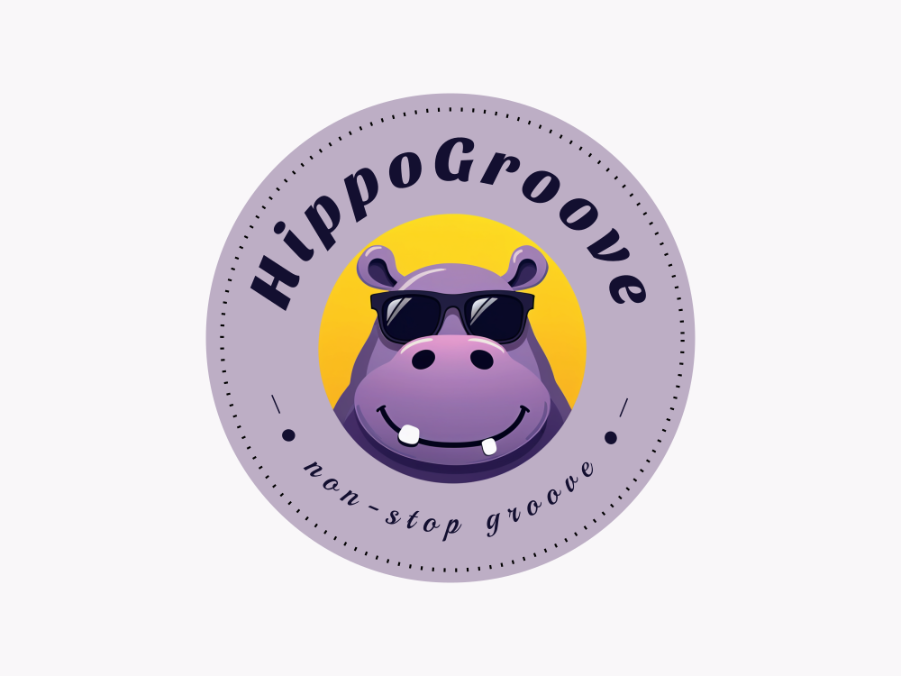 Cartoon hippo logo with purple gradient, wearing large black sunglasses, a wide smile with two buck teeth, sunny yellow halo backdrop, glossy 3D shading.