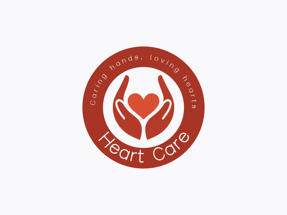 Two stylized hands cradle a central heart in a symmetric, warm red-to-orange gradient logo with glossy highlights.