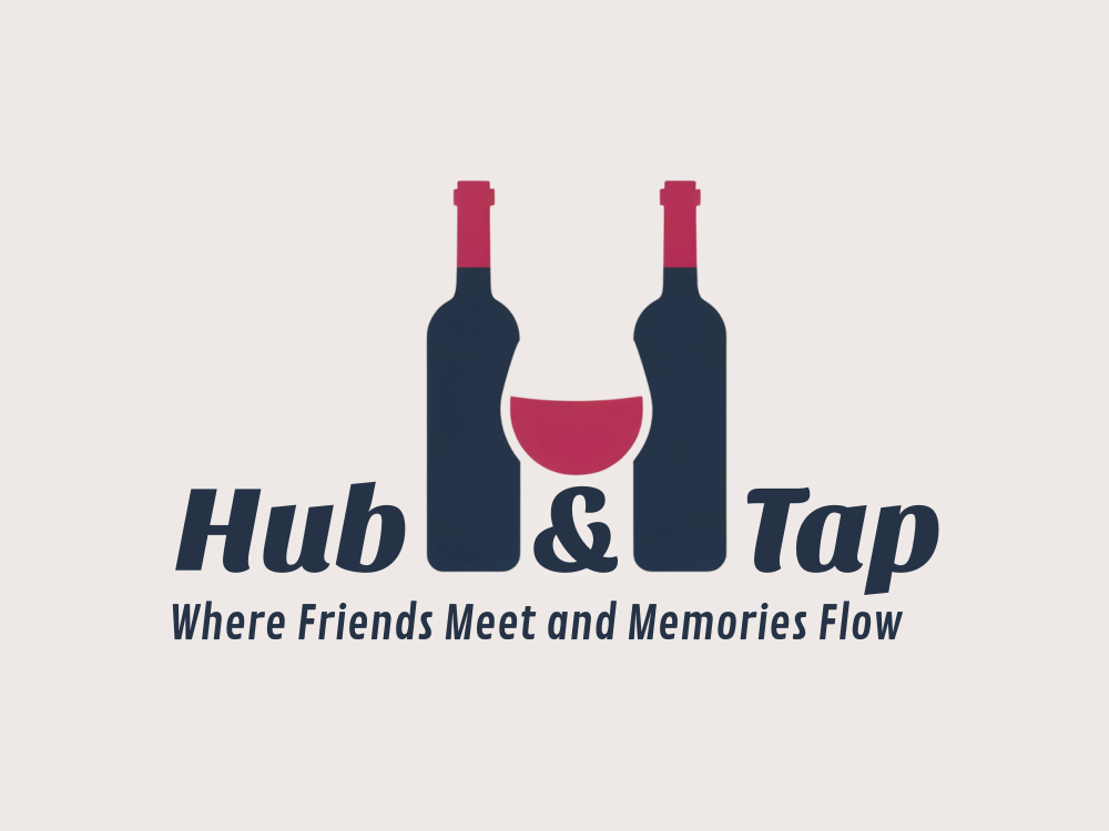 Symmetrical navy bottles frame a glowing pink wine glass in the center; dark gradient background with magenta halo; minimal vector logo with neon glow.