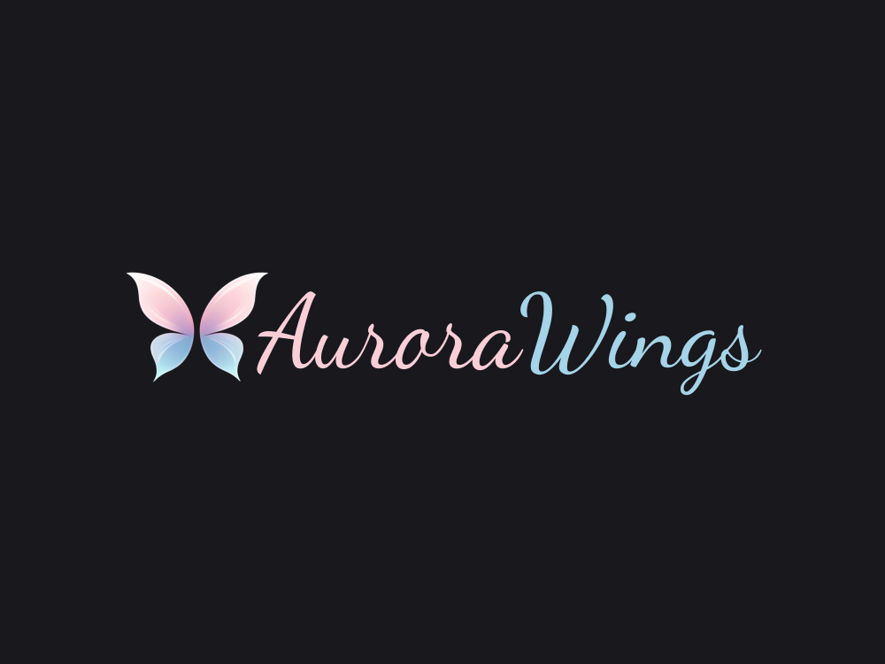 Pastel symmetrical butterfly logo with four translucent wings, top pink-peach gradient, bottom blue gradient, white curved highlights, glassy iridescent look, centered purple nexus, soft glow, minimalistic modern style.