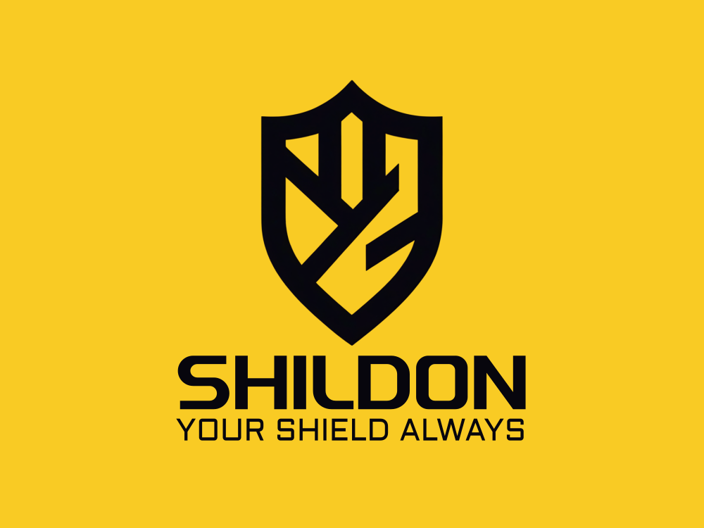 Dark shield crest with a geometric interwoven monogram, subtle embossed depth, orange-gold edge highlights, minimal, symmetrical, corporate-tech aesthetic.