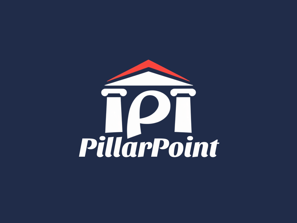 Minimalist negative-space house icon with a bold red triangular roof; clean, flat vector; symmetric composition on white background; suitable for real estate or architecture branding.