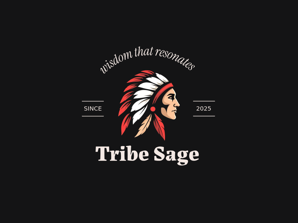 Modern logo: profile of a Native American chief wearing a white feather war bonnet with red accents, bold black lines, and a warm red gradient background.