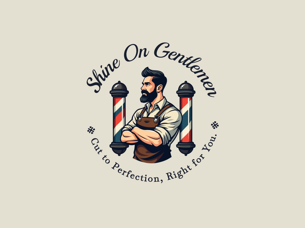Bold vintage barber logo featuring a muscular bearded man in white shirt and brown apron, crossed arms, flanked by red-white-blue barber poles, dark background, vector-style with strong outlines.
