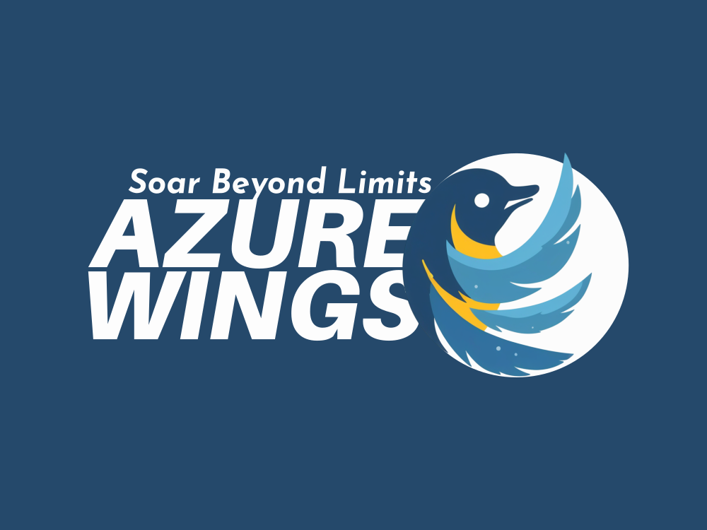 A sleek abstract blue bird logo with layered curved feathers, white eye, and yellow beak; glossy gradient blues, dynamic swoosh shapes, modern tech branding.